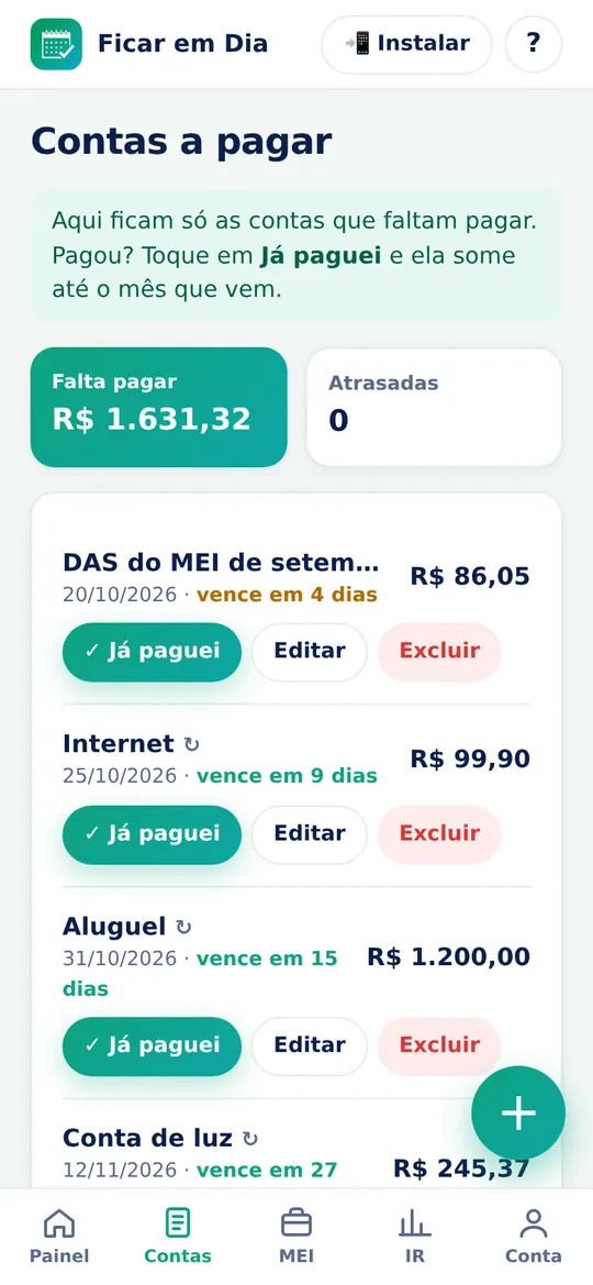 Tela Contas a pagar do app com DAS, internet e aluguel